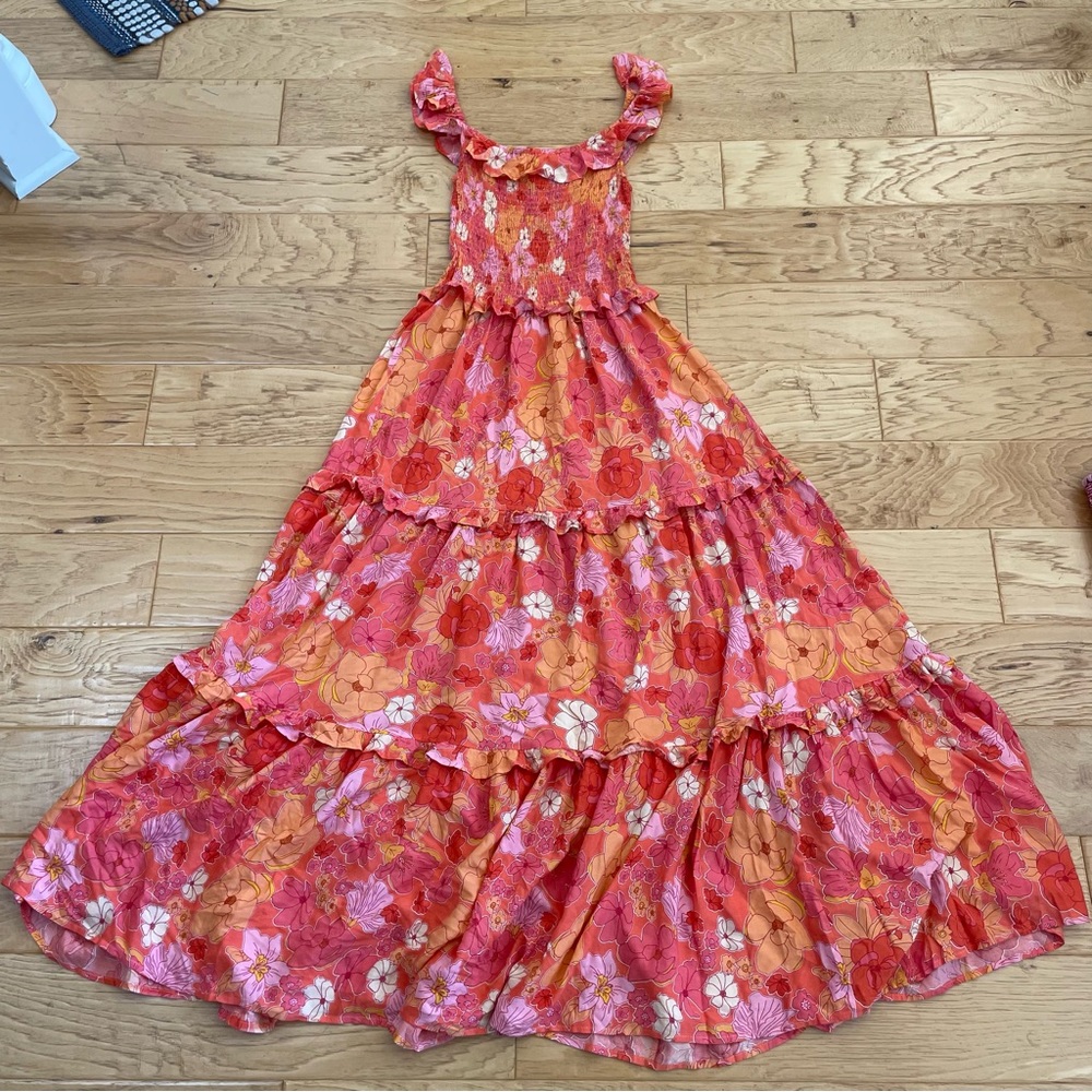 Abel the Label Off The Shoulder Ruffle Maxi Dress Pink Orange Floral Size Small - Picture 9 of 10